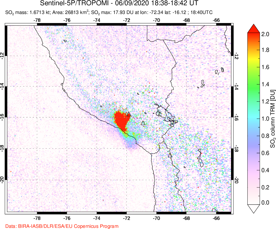 A sulfur dioxide image over Peru on Jun 09, 2020.