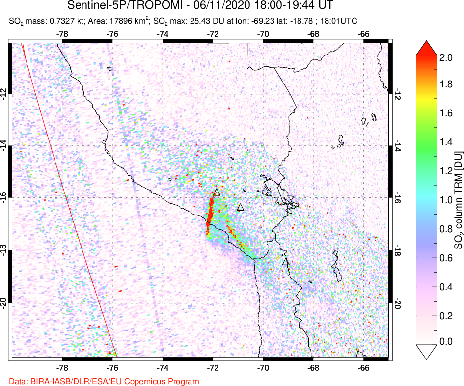 A sulfur dioxide image over Peru on Jun 11, 2020.