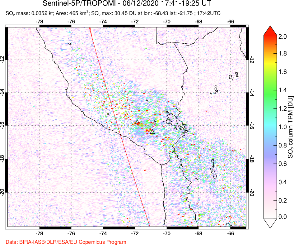 A sulfur dioxide image over Peru on Jun 12, 2020.
