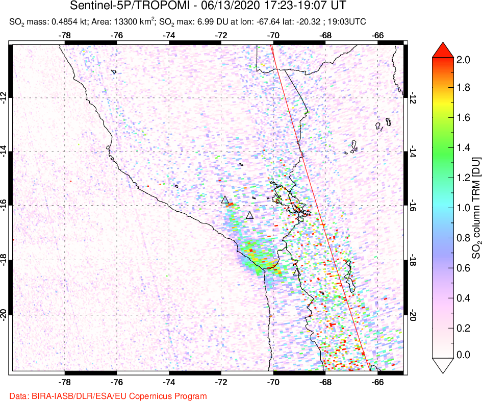 A sulfur dioxide image over Peru on Jun 13, 2020.