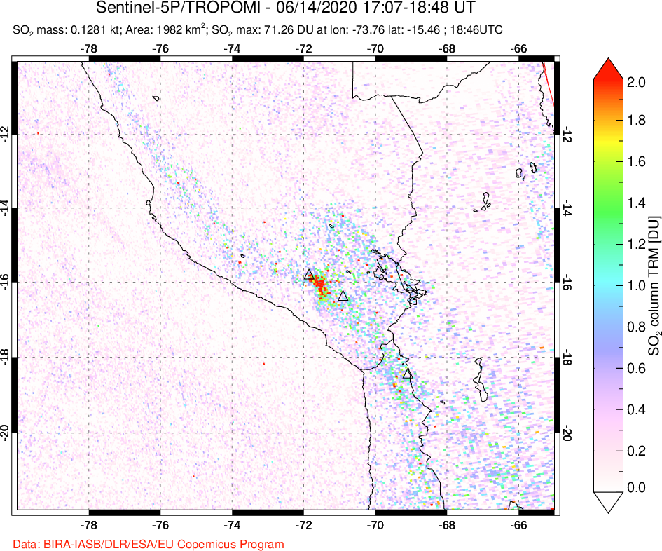 A sulfur dioxide image over Peru on Jun 14, 2020.