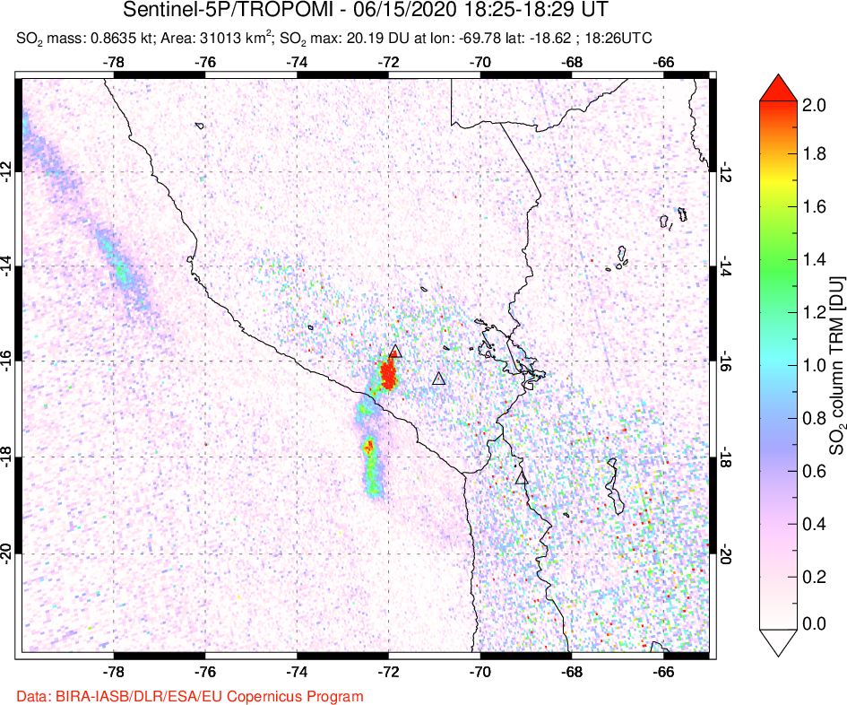 A sulfur dioxide image over Peru on Jun 15, 2020.
