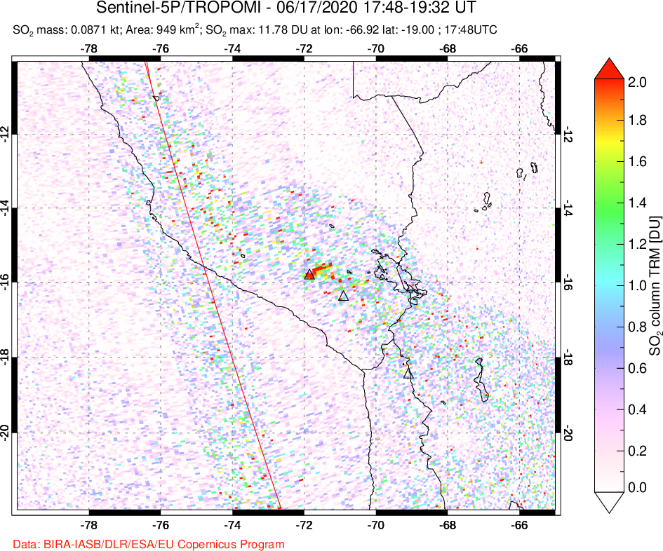 A sulfur dioxide image over Peru on Jun 17, 2020.