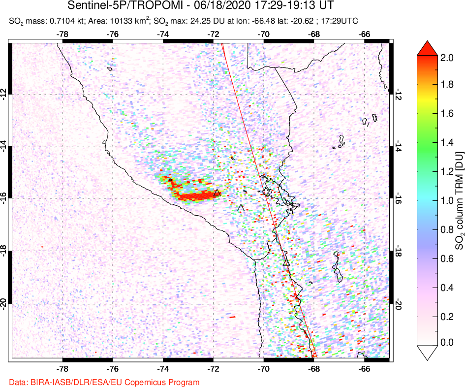 A sulfur dioxide image over Peru on Jun 18, 2020.