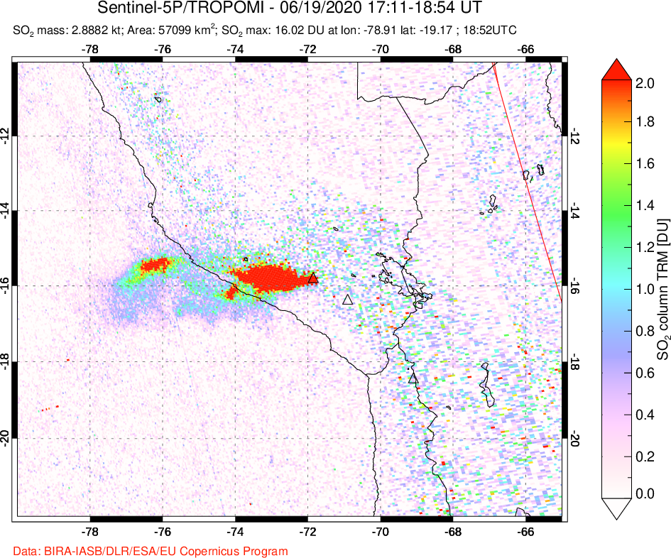 A sulfur dioxide image over Peru on Jun 19, 2020.