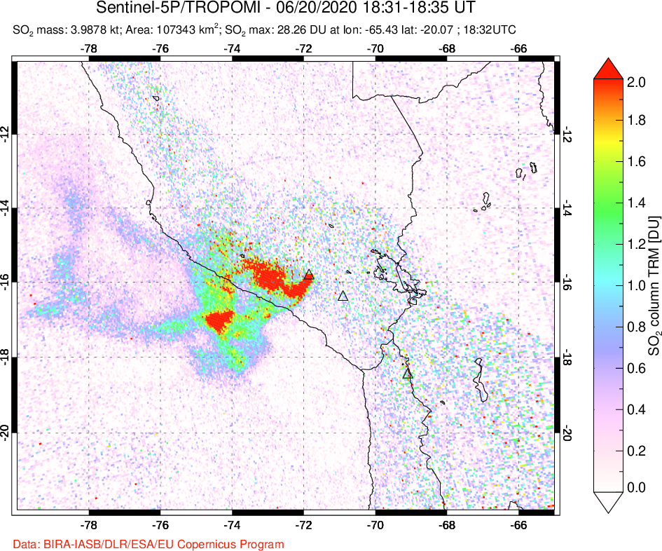 A sulfur dioxide image over Peru on Jun 20, 2020.