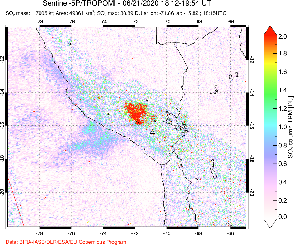 A sulfur dioxide image over Peru on Jun 21, 2020.