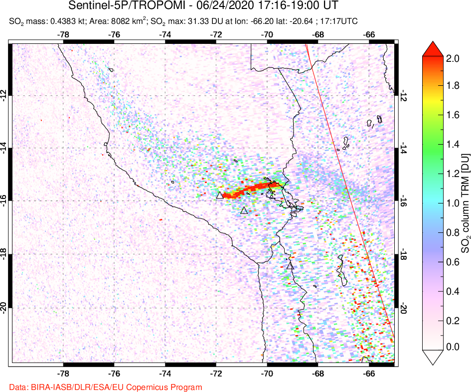 A sulfur dioxide image over Peru on Jun 24, 2020.