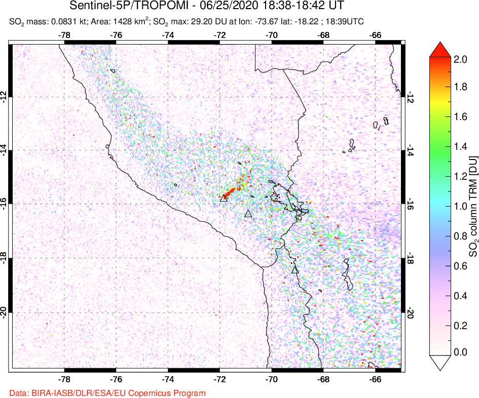 A sulfur dioxide image over Peru on Jun 25, 2020.