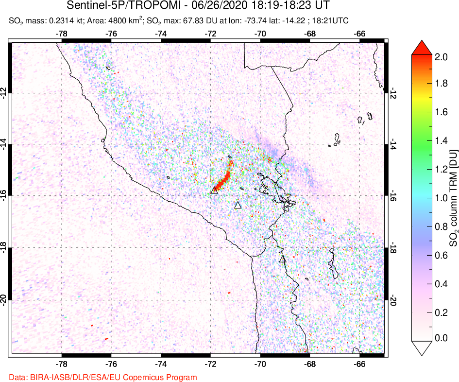 A sulfur dioxide image over Peru on Jun 26, 2020.