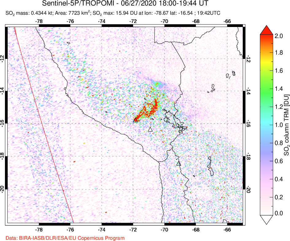 A sulfur dioxide image over Peru on Jun 27, 2020.