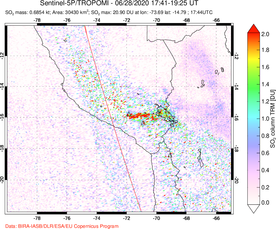 A sulfur dioxide image over Peru on Jun 28, 2020.