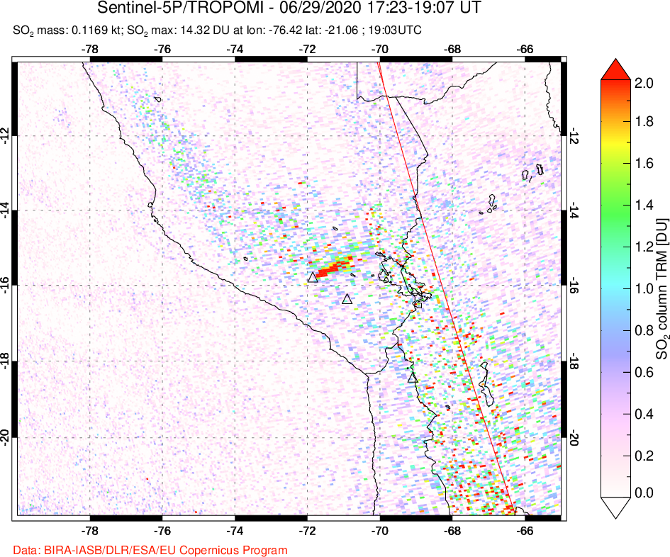 A sulfur dioxide image over Peru on Jun 29, 2020.