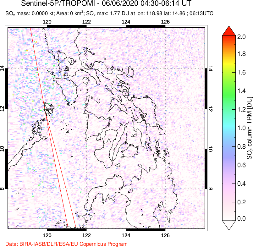 A sulfur dioxide image over Philippines on Jun 06, 2020.
