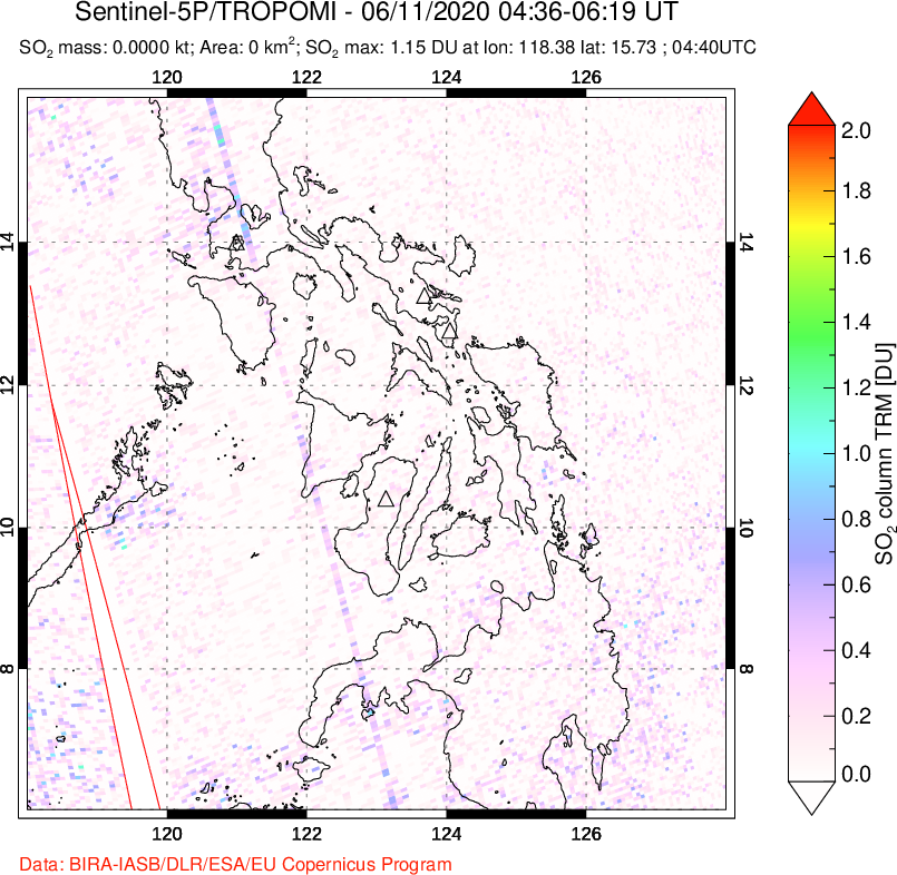A sulfur dioxide image over Philippines on Jun 11, 2020.