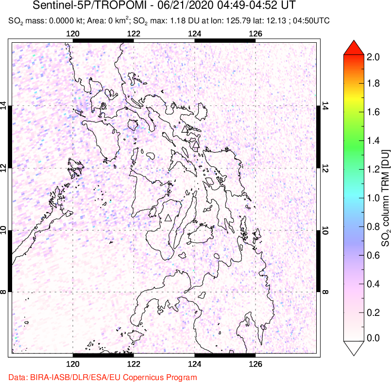 A sulfur dioxide image over Philippines on Jun 21, 2020.