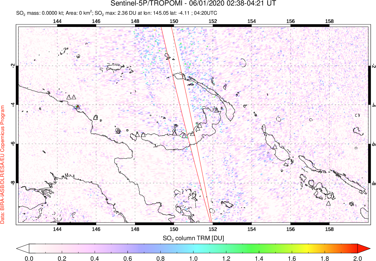 A sulfur dioxide image over Papua, New Guinea on Jun 01, 2020.