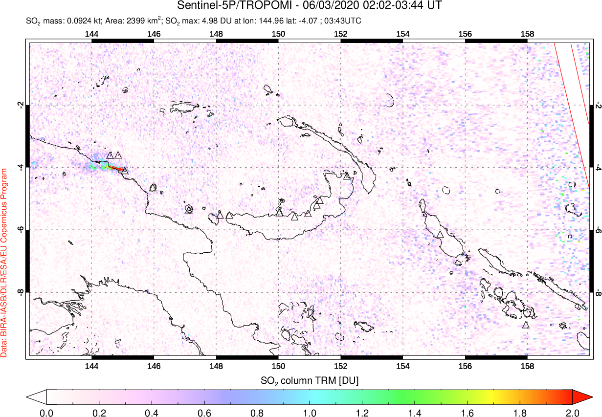 A sulfur dioxide image over Papua, New Guinea on Jun 03, 2020.