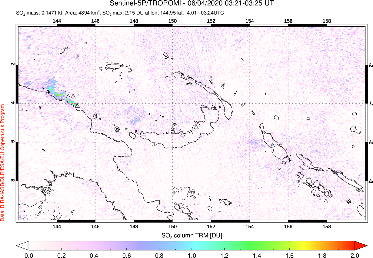 A sulfur dioxide image over Papua, New Guinea on Jun 04, 2020.