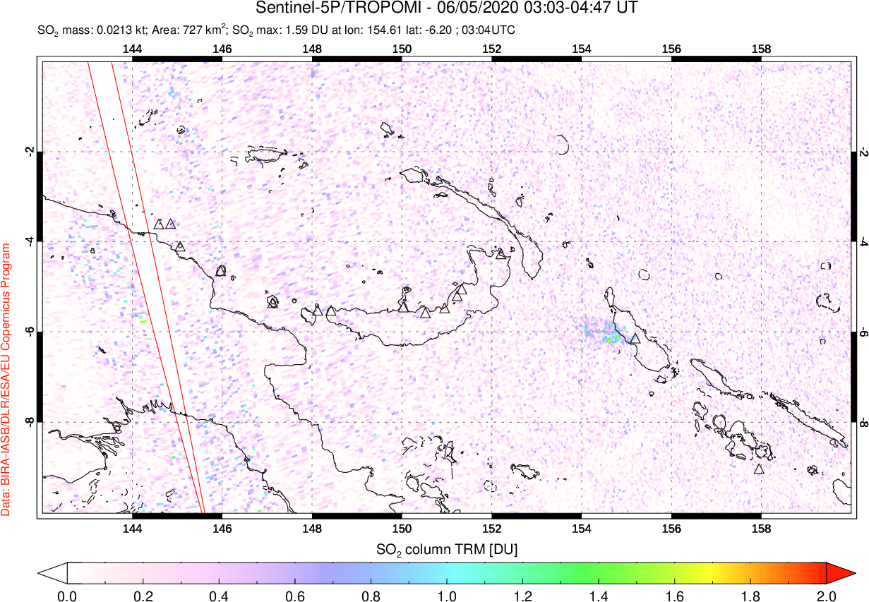 A sulfur dioxide image over Papua, New Guinea on Jun 05, 2020.