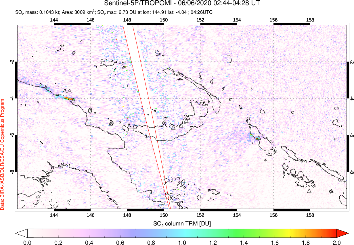 A sulfur dioxide image over Papua, New Guinea on Jun 06, 2020.