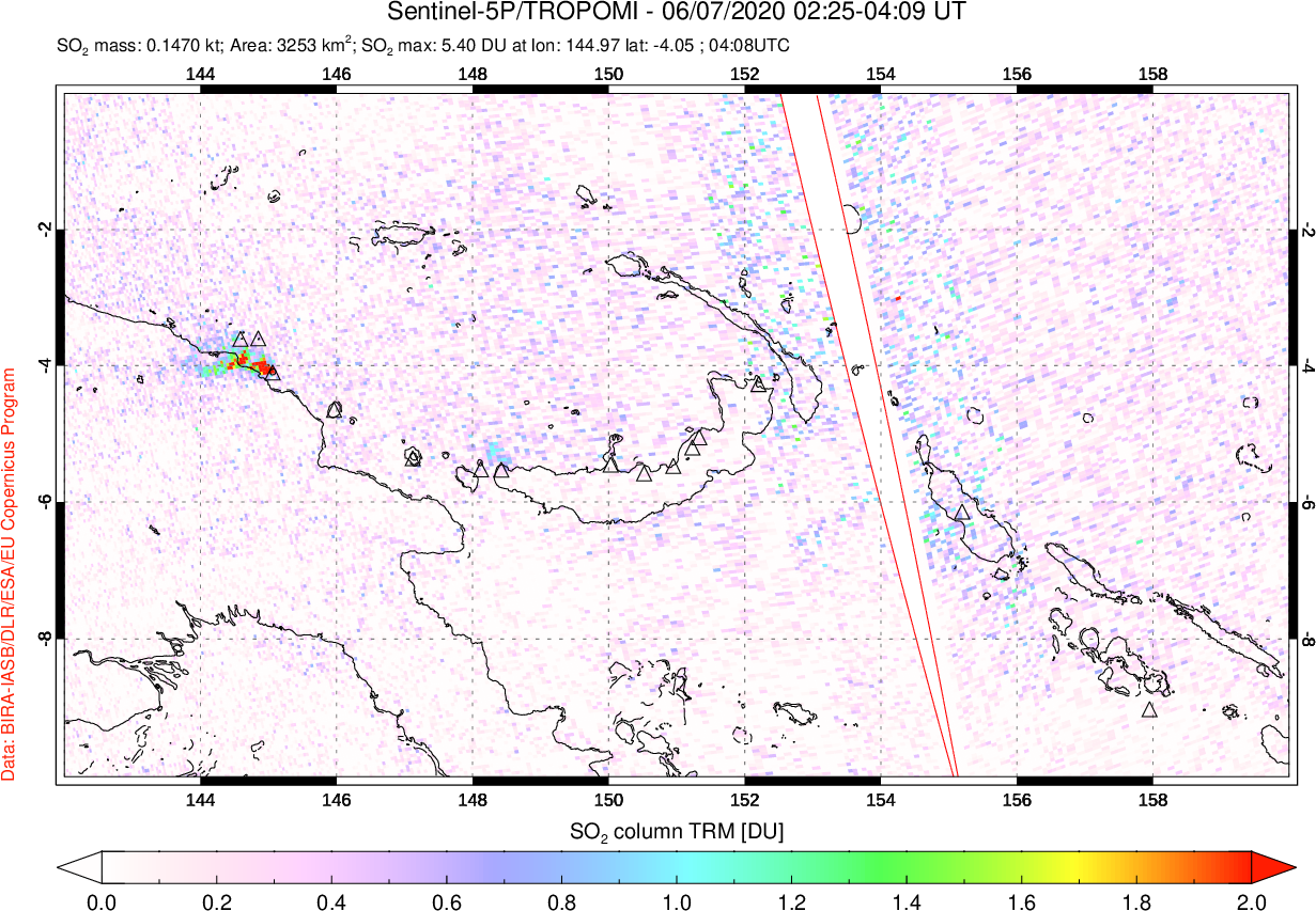 A sulfur dioxide image over Papua, New Guinea on Jun 07, 2020.