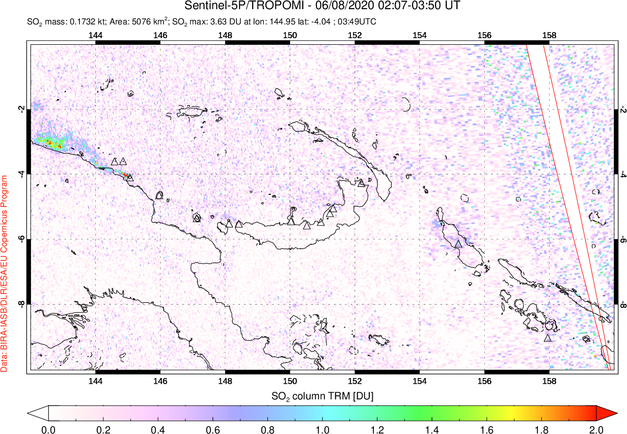 A sulfur dioxide image over Papua, New Guinea on Jun 08, 2020.