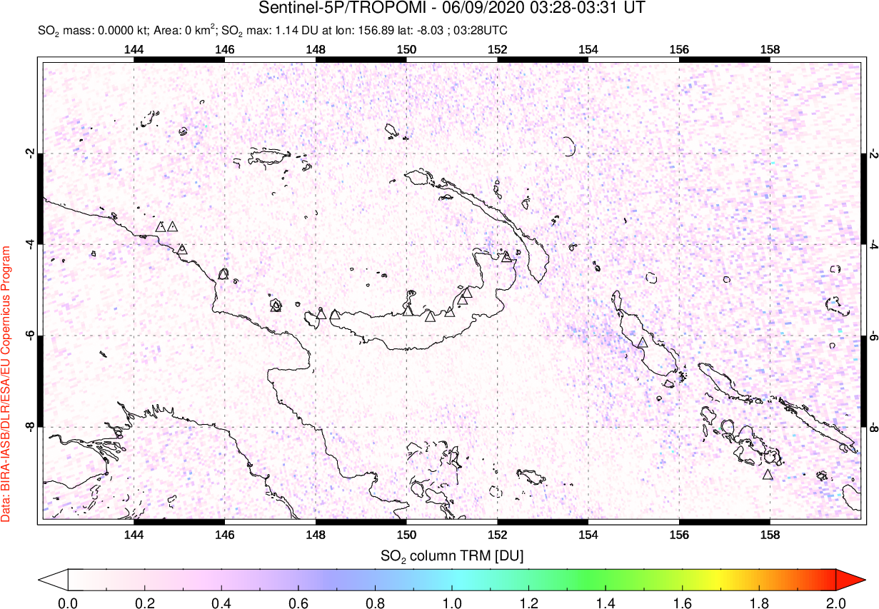 A sulfur dioxide image over Papua, New Guinea on Jun 09, 2020.