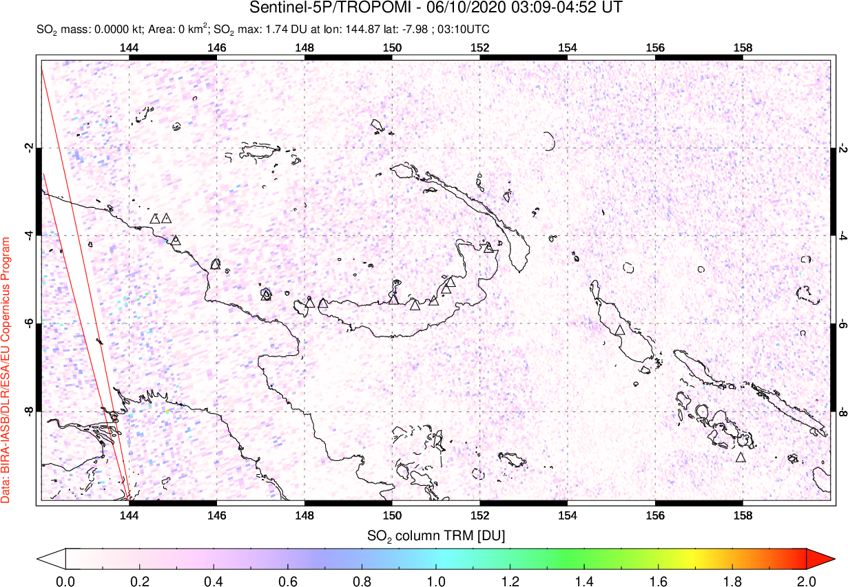 A sulfur dioxide image over Papua, New Guinea on Jun 10, 2020.