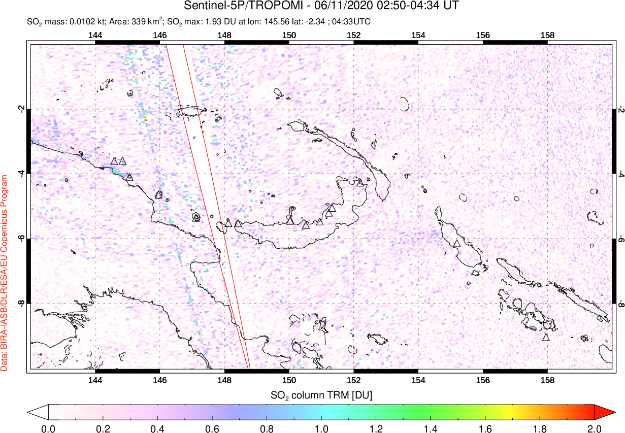 A sulfur dioxide image over Papua, New Guinea on Jun 11, 2020.