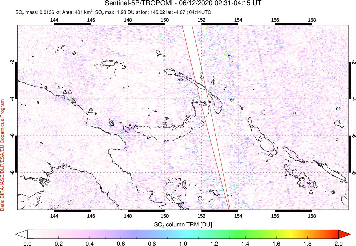A sulfur dioxide image over Papua, New Guinea on Jun 12, 2020.