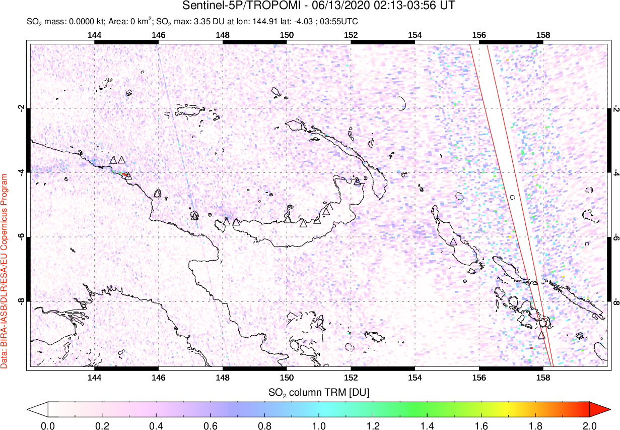 A sulfur dioxide image over Papua, New Guinea on Jun 13, 2020.