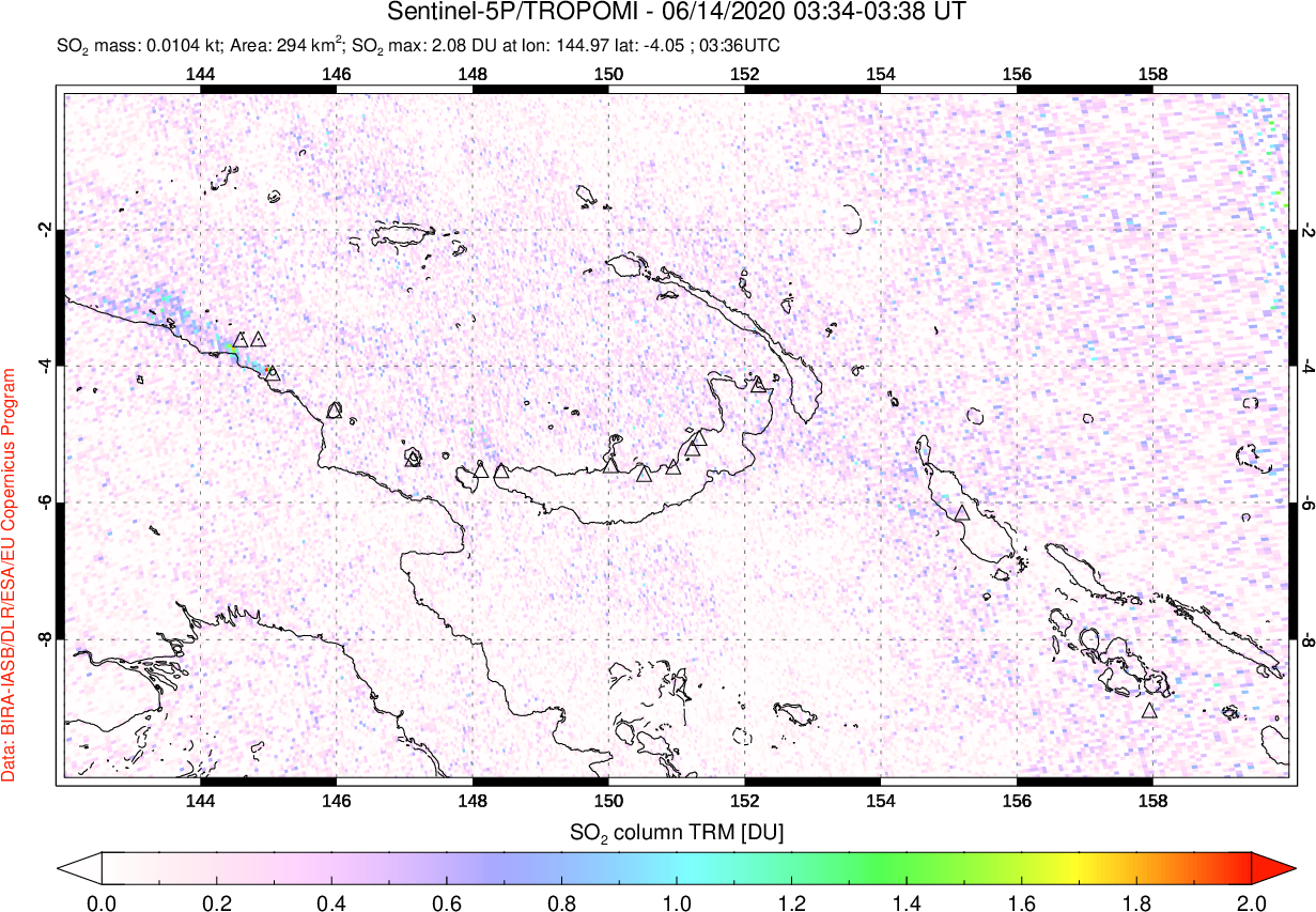 A sulfur dioxide image over Papua, New Guinea on Jun 14, 2020.