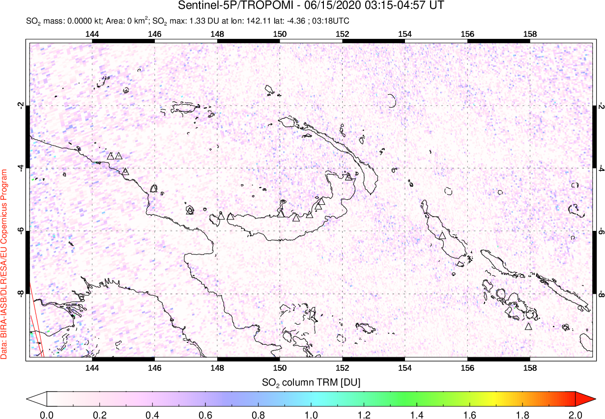 A sulfur dioxide image over Papua, New Guinea on Jun 15, 2020.