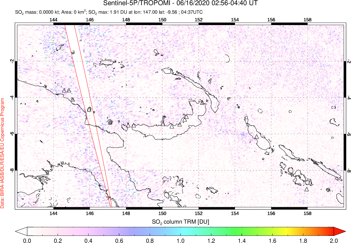 A sulfur dioxide image over Papua, New Guinea on Jun 16, 2020.