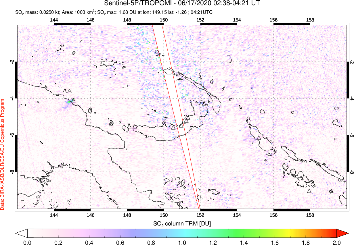 A sulfur dioxide image over Papua, New Guinea on Jun 17, 2020.