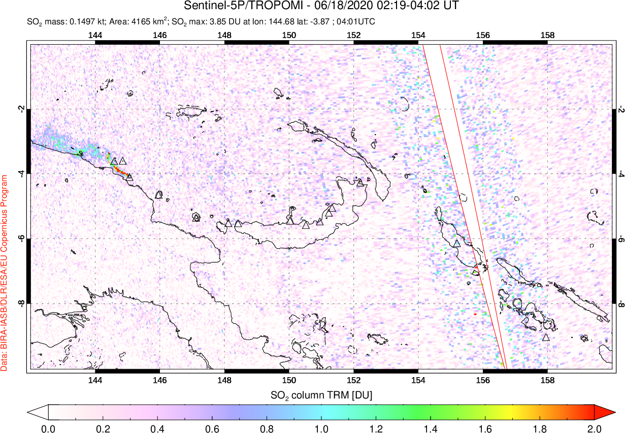 A sulfur dioxide image over Papua, New Guinea on Jun 18, 2020.