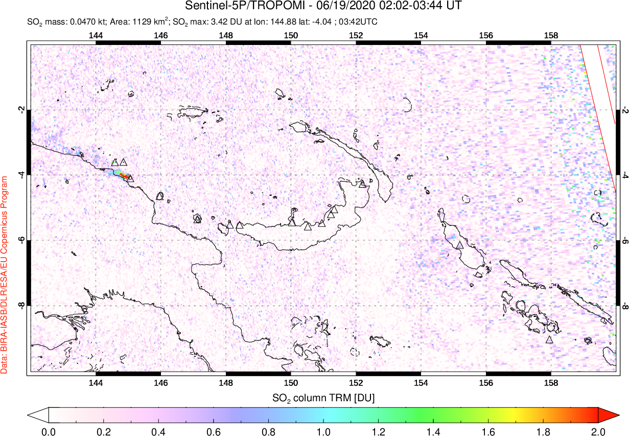 A sulfur dioxide image over Papua, New Guinea on Jun 19, 2020.