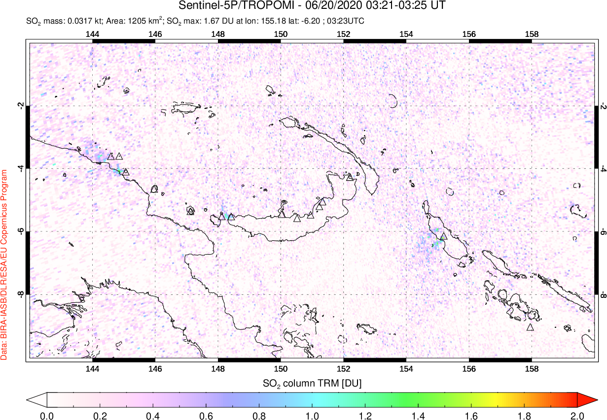 A sulfur dioxide image over Papua, New Guinea on Jun 20, 2020.