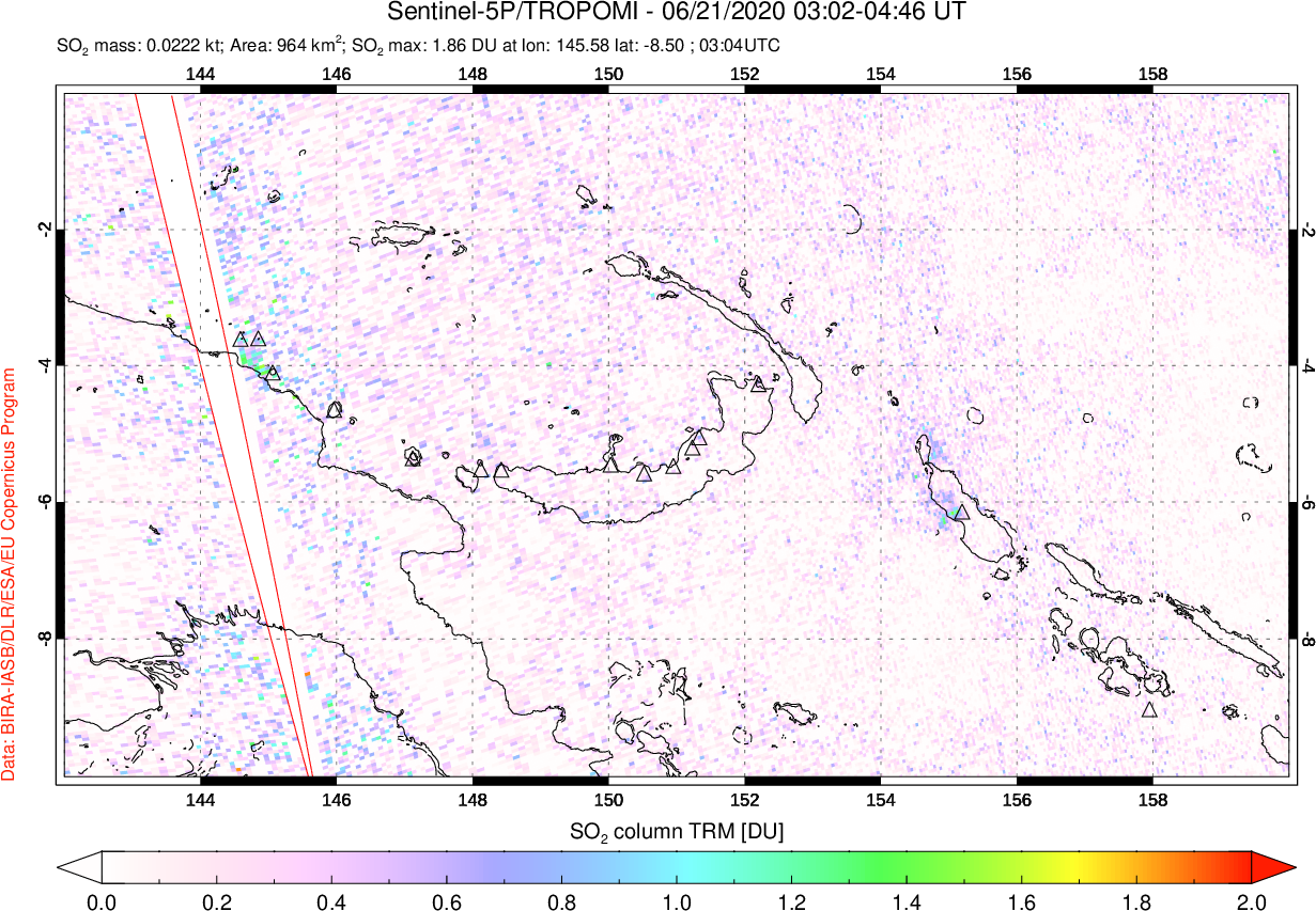 A sulfur dioxide image over Papua, New Guinea on Jun 21, 2020.