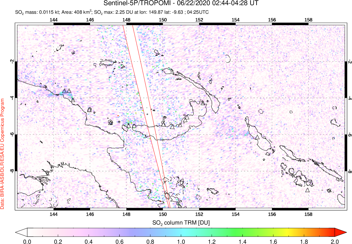 A sulfur dioxide image over Papua, New Guinea on Jun 22, 2020.