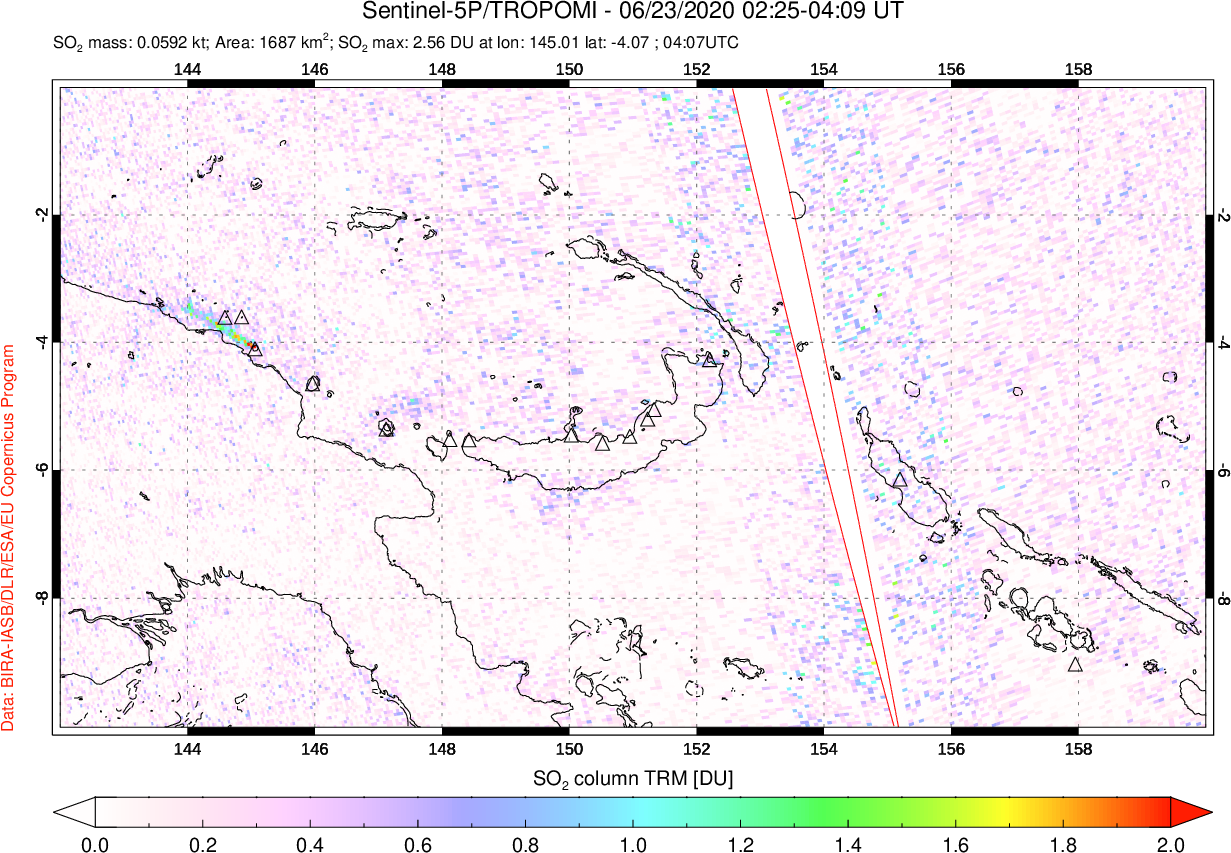 A sulfur dioxide image over Papua, New Guinea on Jun 23, 2020.