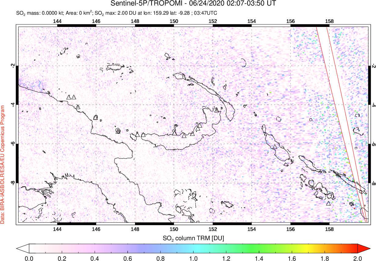 A sulfur dioxide image over Papua, New Guinea on Jun 24, 2020.