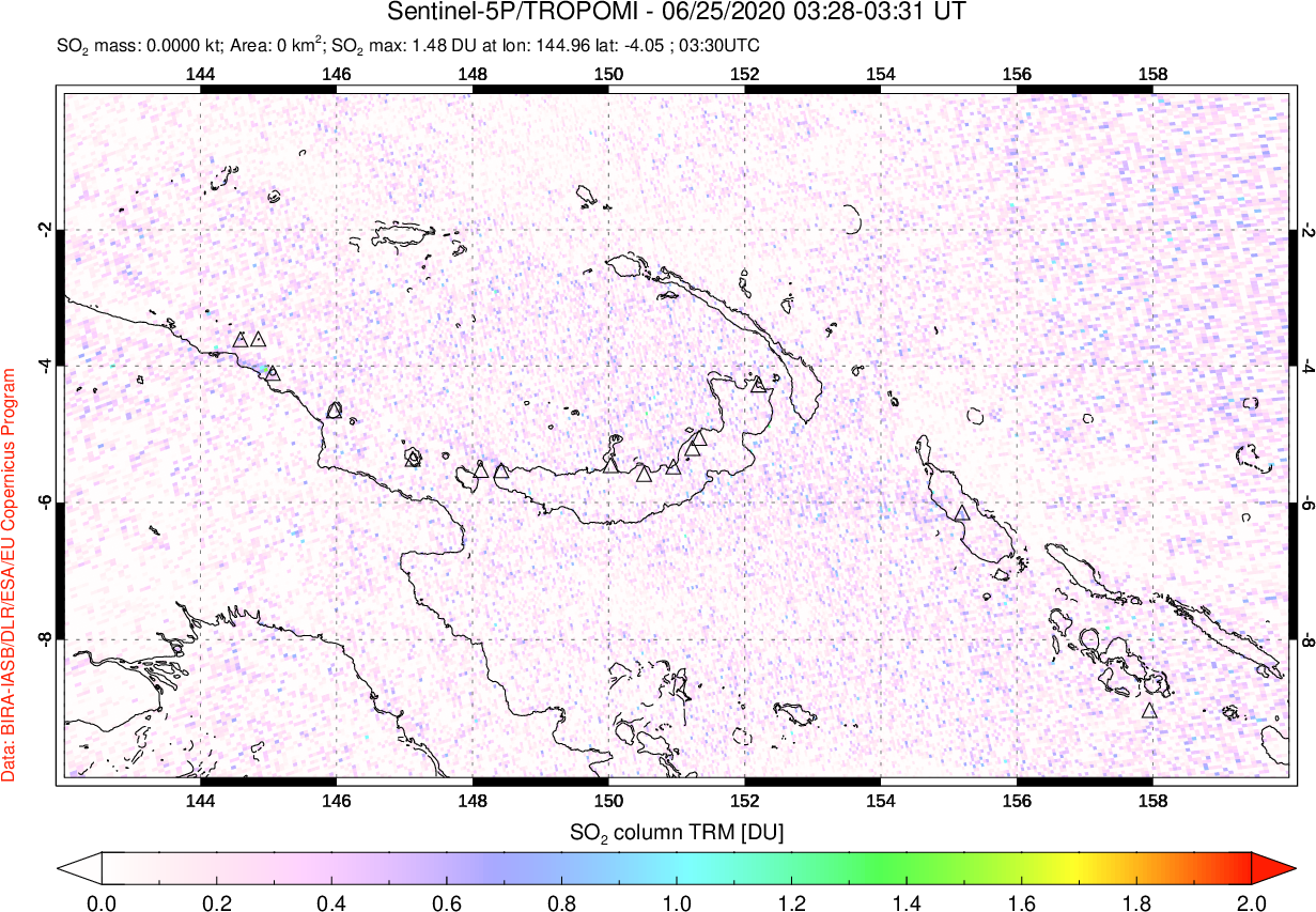 A sulfur dioxide image over Papua, New Guinea on Jun 25, 2020.