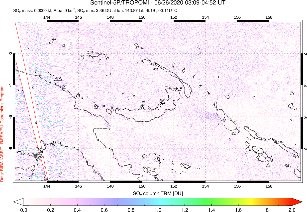 A sulfur dioxide image over Papua, New Guinea on Jun 26, 2020.