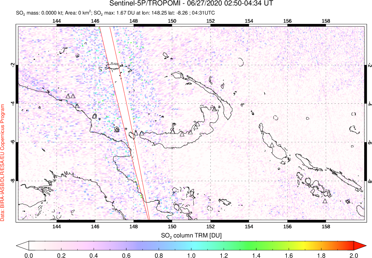 A sulfur dioxide image over Papua, New Guinea on Jun 27, 2020.