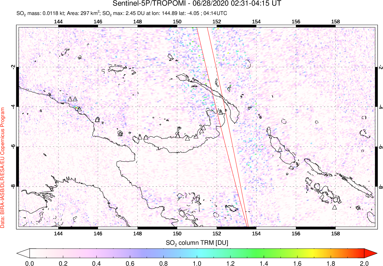 A sulfur dioxide image over Papua, New Guinea on Jun 28, 2020.