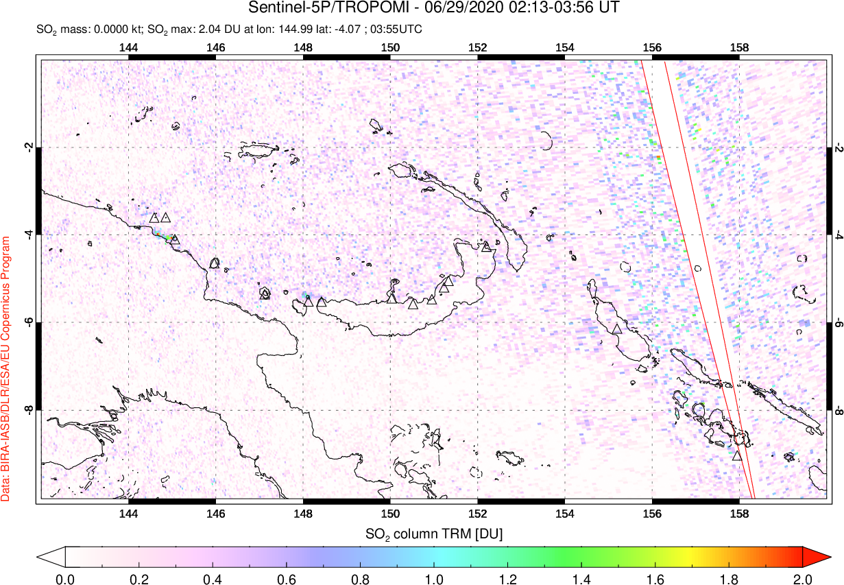 A sulfur dioxide image over Papua, New Guinea on Jun 29, 2020.