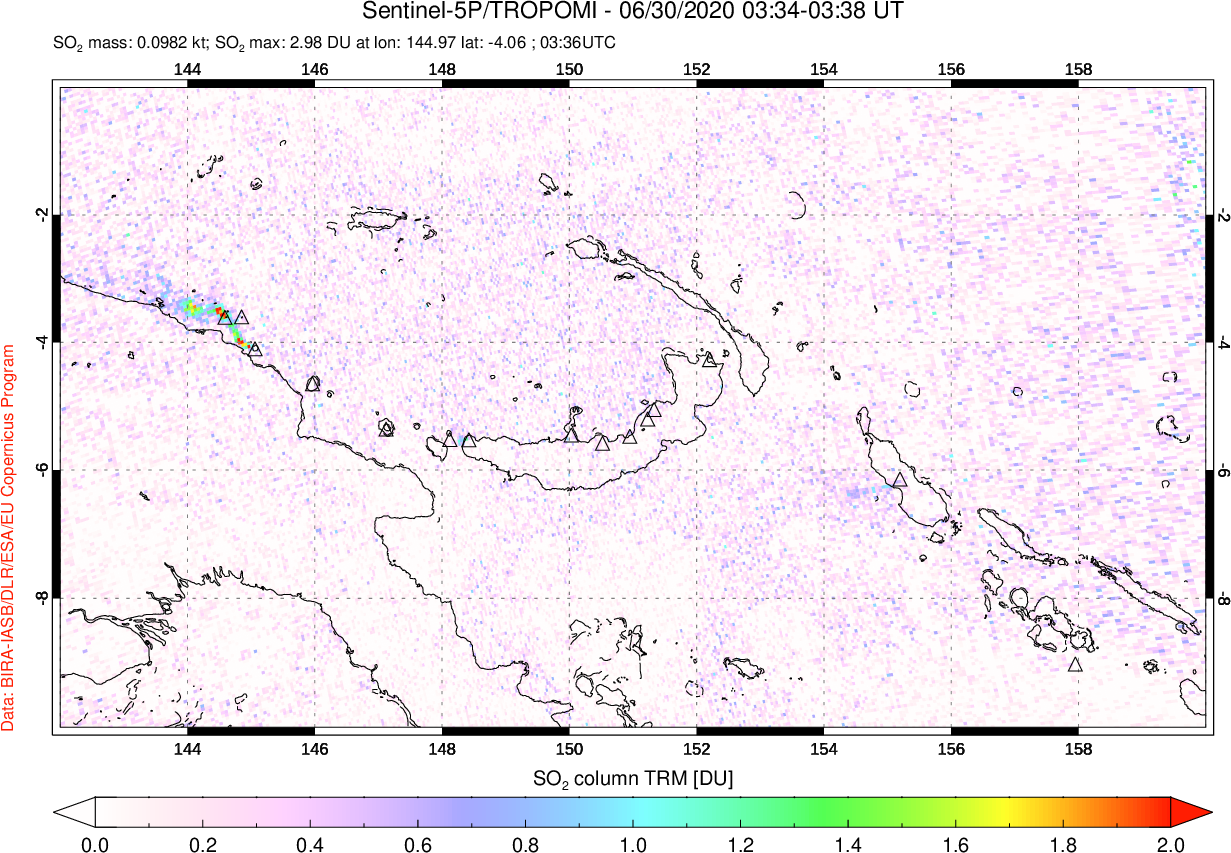A sulfur dioxide image over Papua, New Guinea on Jun 30, 2020.