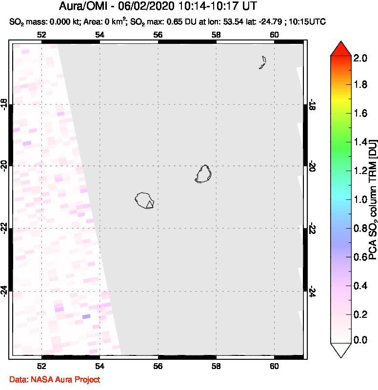 A sulfur dioxide image over Reunion Island, Indian Ocean on Jun 02, 2020.